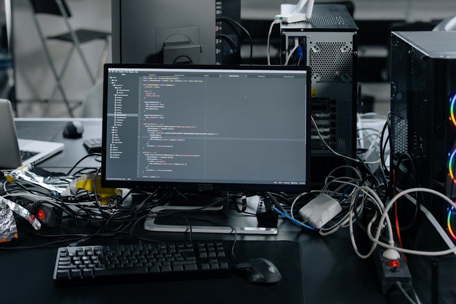 A cluttered desk workspace with a computer monitor displaying lines of code, surrounded by tangled cables, a keyboard, and a mouse. To the side, there are electronic devices including a desktop tower